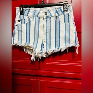 KanCan Blue and White Distressed Jean Shorts